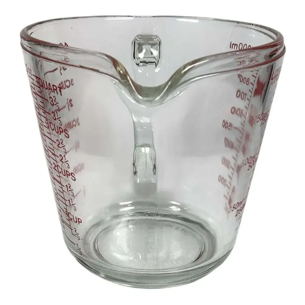 Vintage Pyrex Glass Measuring Cup Red Lettering D Handle 4 Cup 1 Quart #532